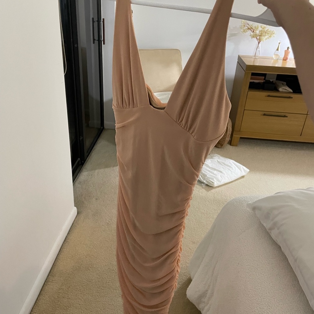 Oh Polly Pink Ruched Bodycon Halter Cocktail Dress